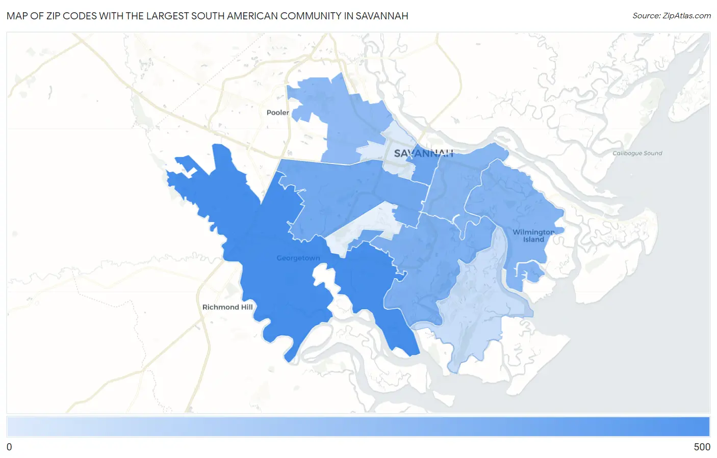 Zip Codes with the Largest South American Community in Savannah Map