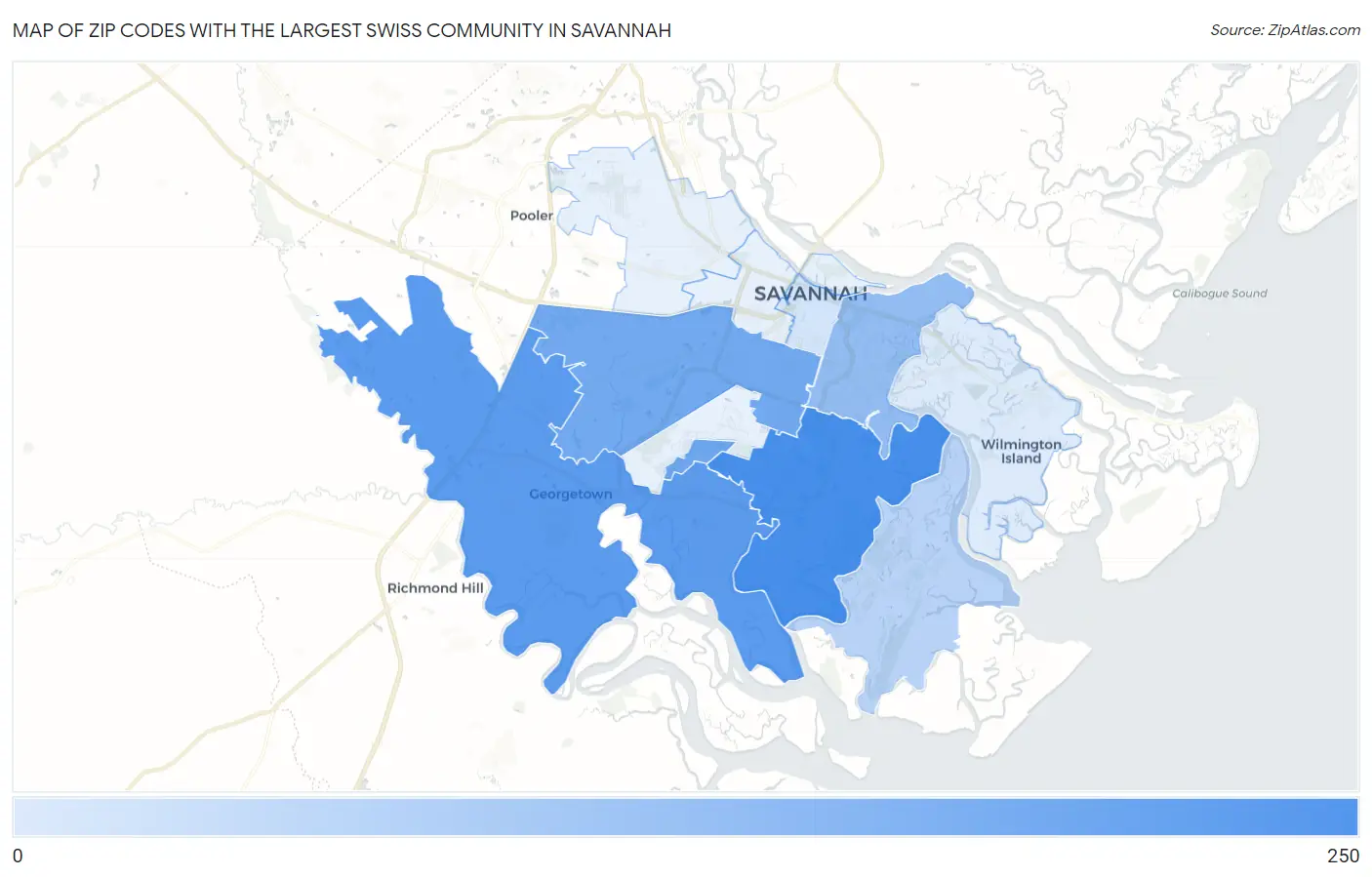 Zip Codes with the Largest Swiss Community in Savannah Map