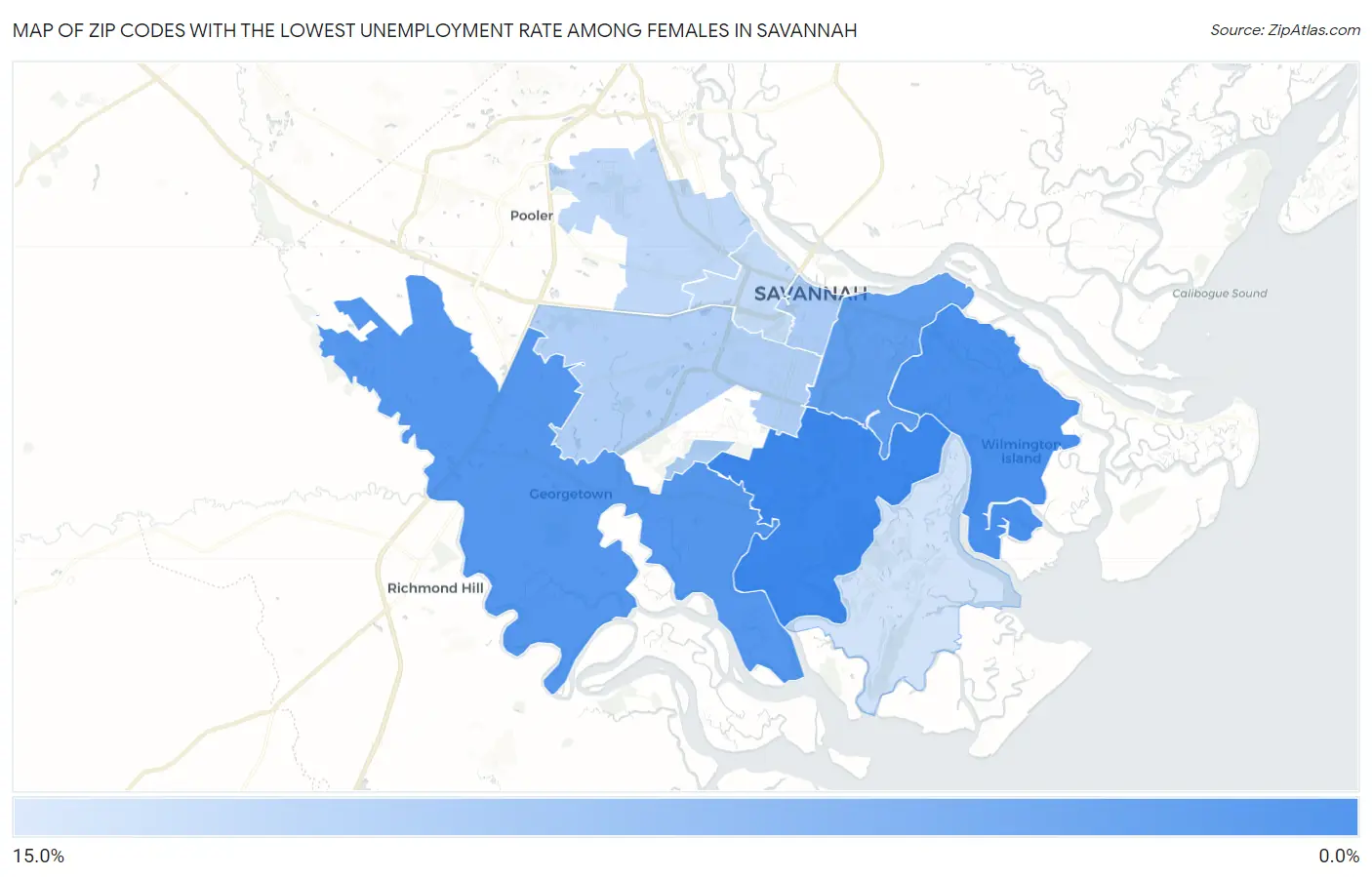 Zip Codes with the Lowest Unemployment Rate Among Females in Savannah Map