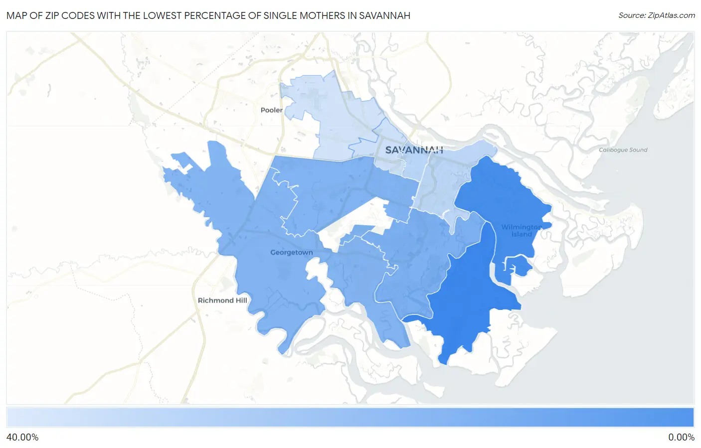 Zip Codes with the Lowest Percentage of Single Mothers in Savannah Map