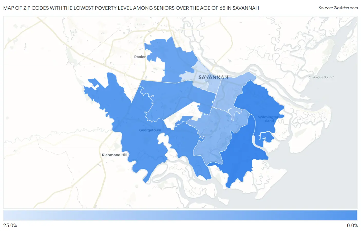 Zip Codes with the Lowest Poverty Level Among Seniors Over the Age of 65 in Savannah Map