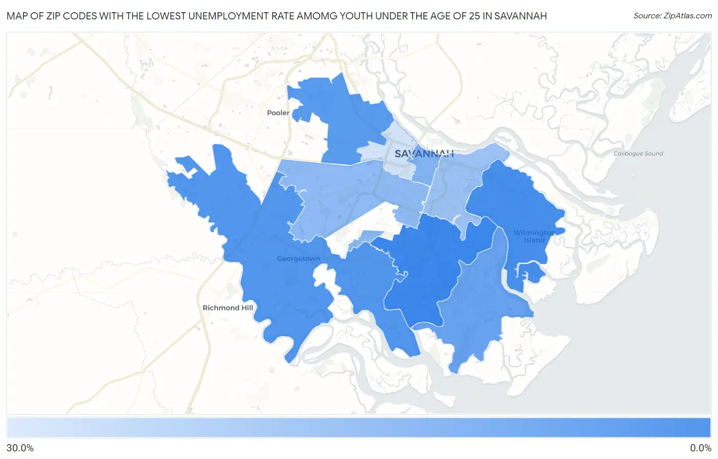 Zip Codes with the Lowest Unemployment Rate Amomg Youth Under the Age of 25 in Savannah Map