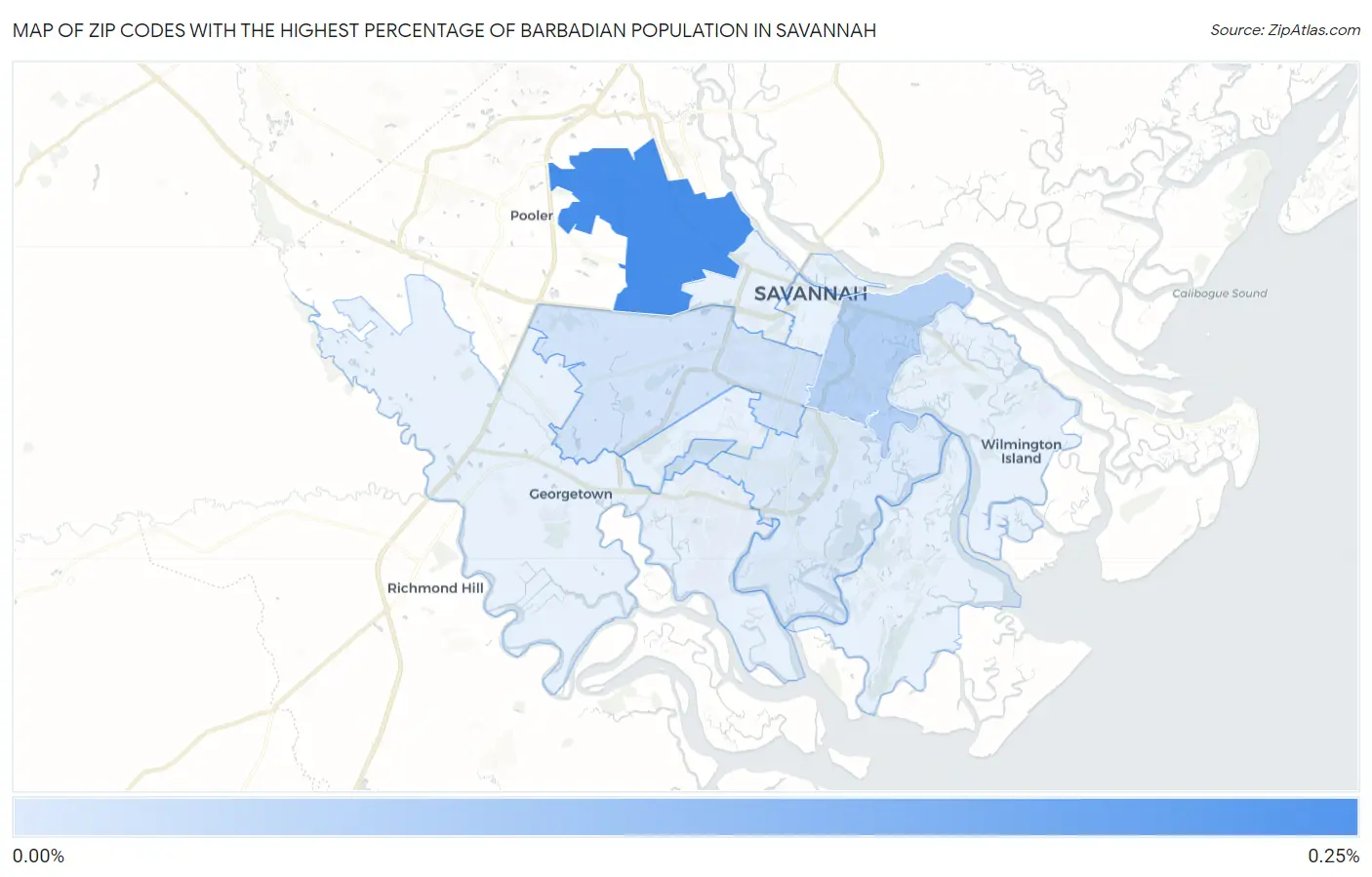 Zip Codes with the Highest Percentage of Barbadian Population in Savannah Map