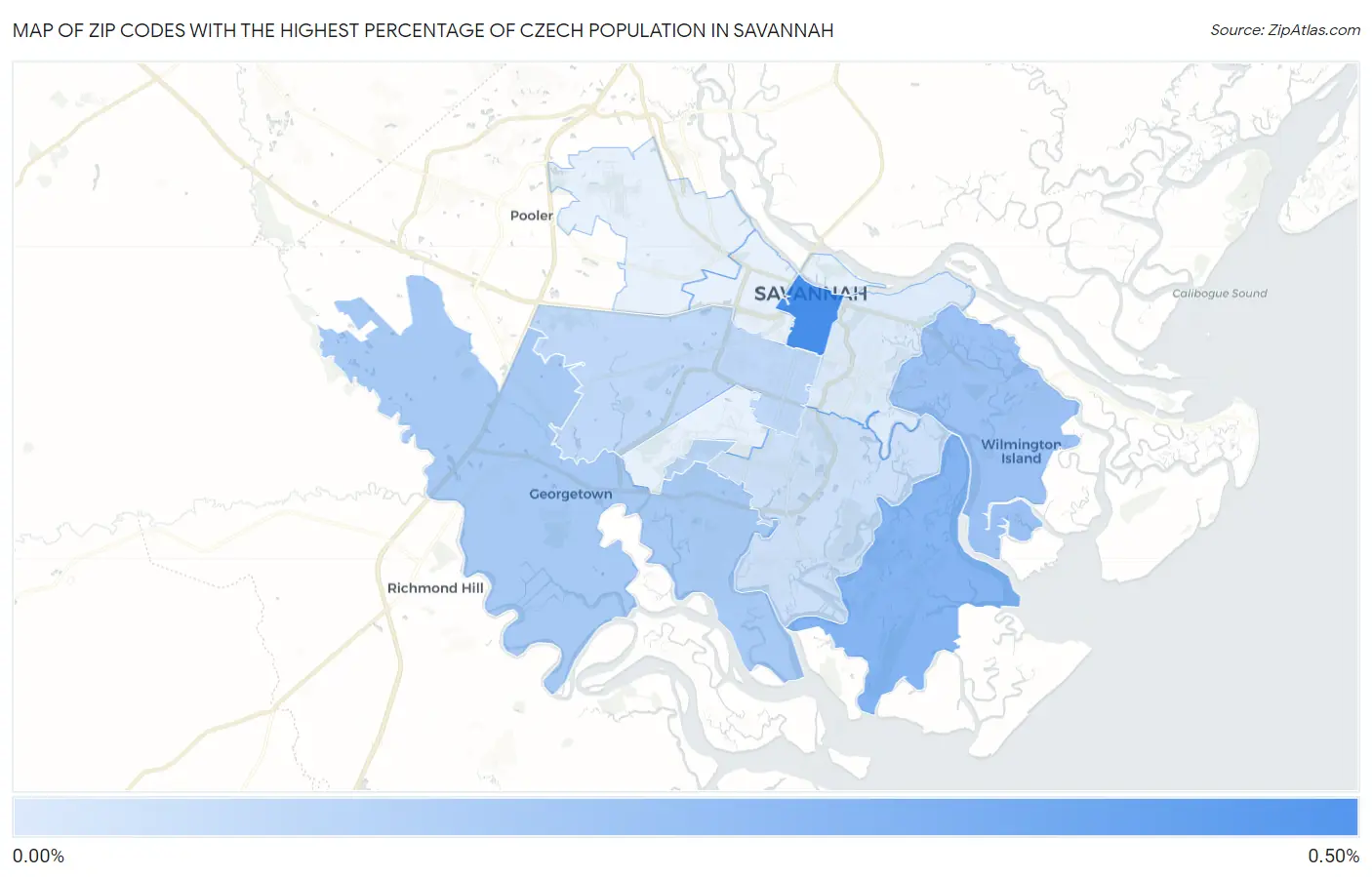 Zip Codes with the Highest Percentage of Czech Population in Savannah Map