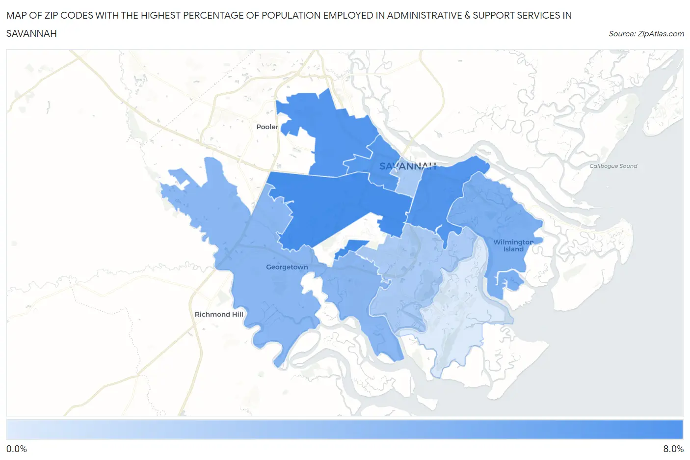 Zip Codes with the Highest Percentage of Population Employed in Administrative & Support Services in Savannah Map