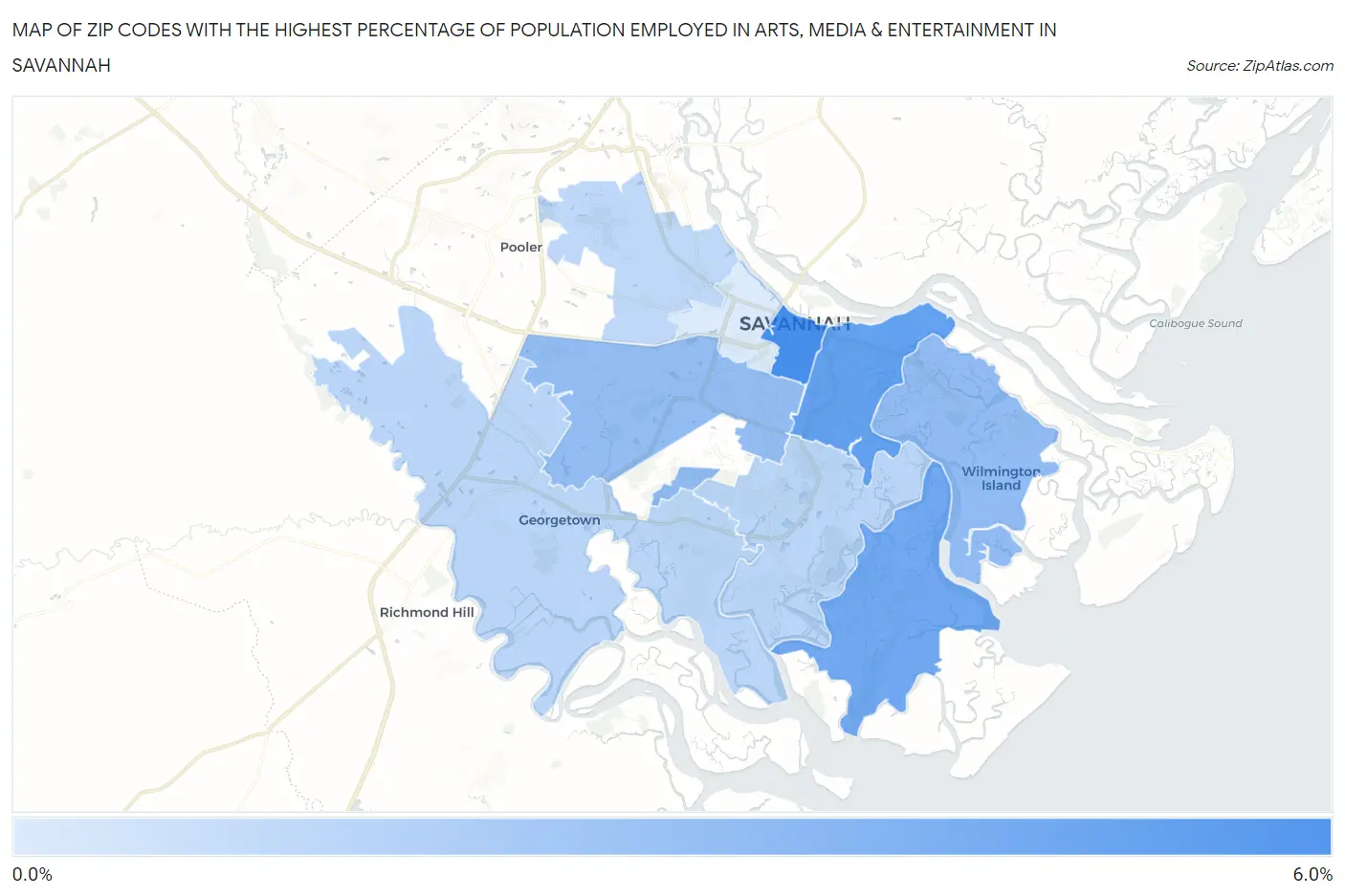 Zip Codes with the Highest Percentage of Population Employed in Arts, Media & Entertainment in Savannah Map