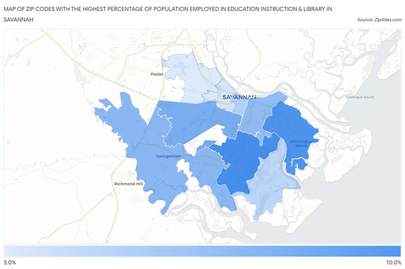 Zip Codes with the Highest Percentage of Population Employed in Education Instruction & Library in Savannah Map