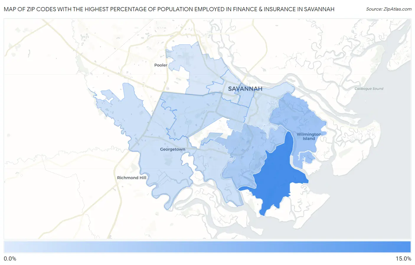 Zip Codes with the Highest Percentage of Population Employed in Finance & Insurance in Savannah Map