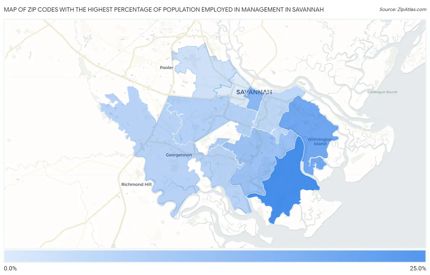 Zip Codes with the Highest Percentage of Population Employed in Management in Savannah Map