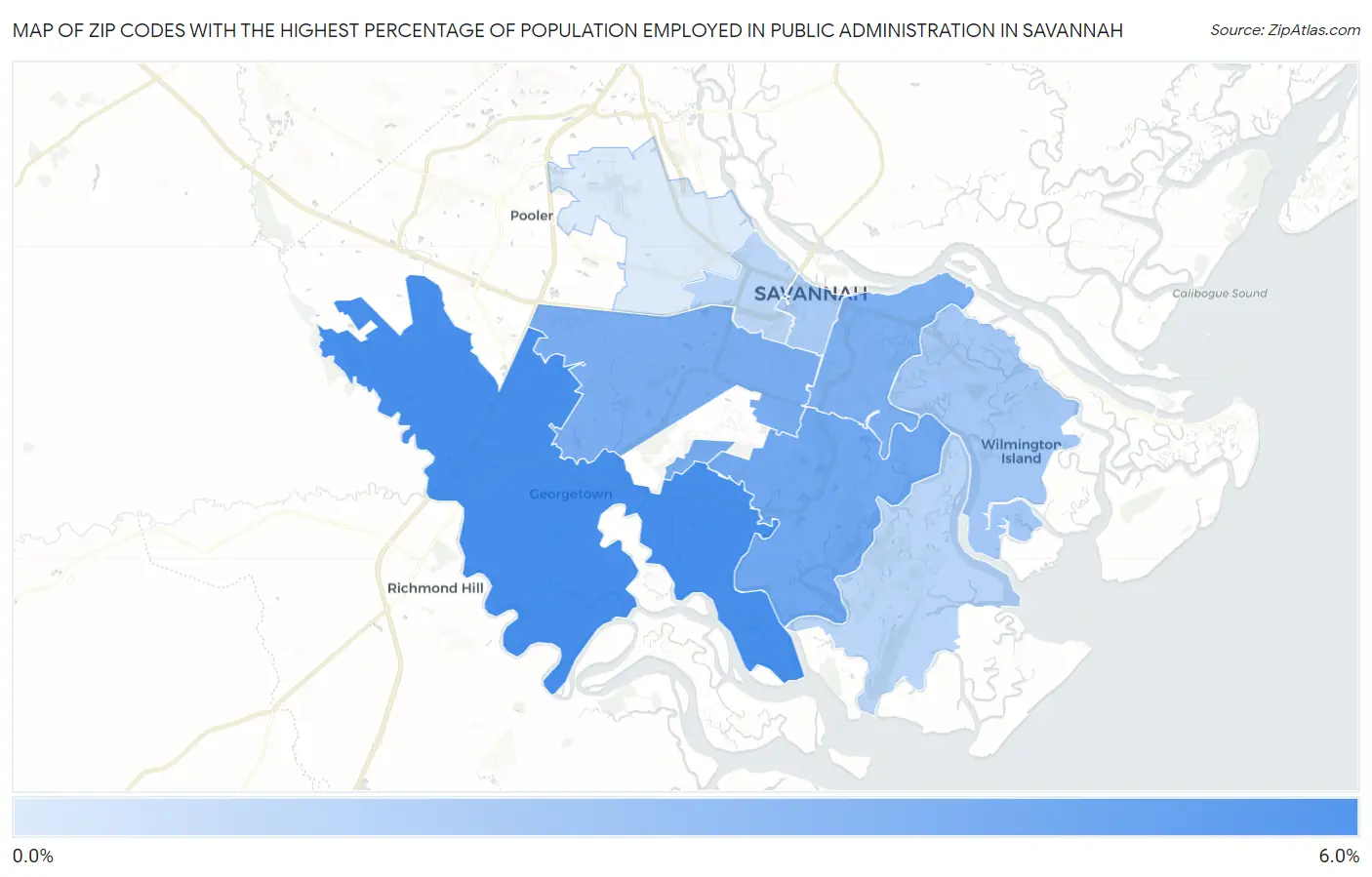 Zip Codes with the Highest Percentage of Population Employed in Public Administration in Savannah Map