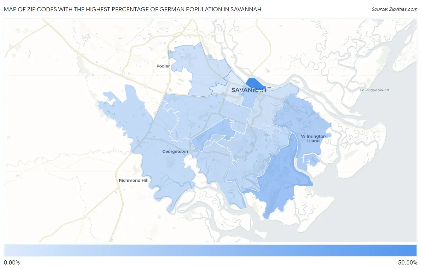 Zip Codes with the Highest Percentage of German Population in Savannah Map