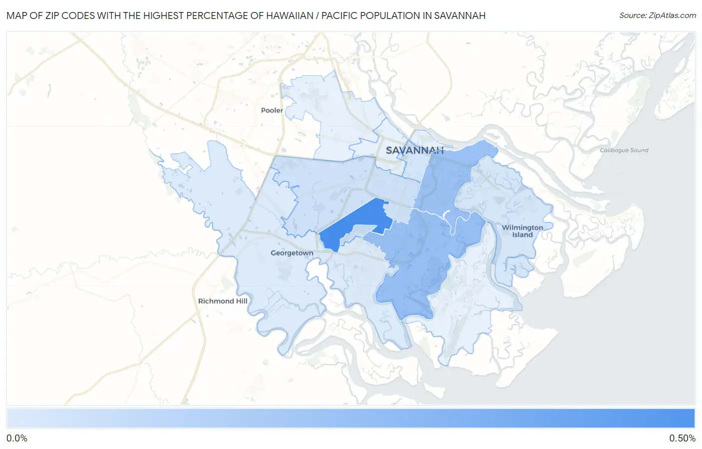 Zip Codes with the Highest Percentage of Hawaiian / Pacific Population in Savannah Map
