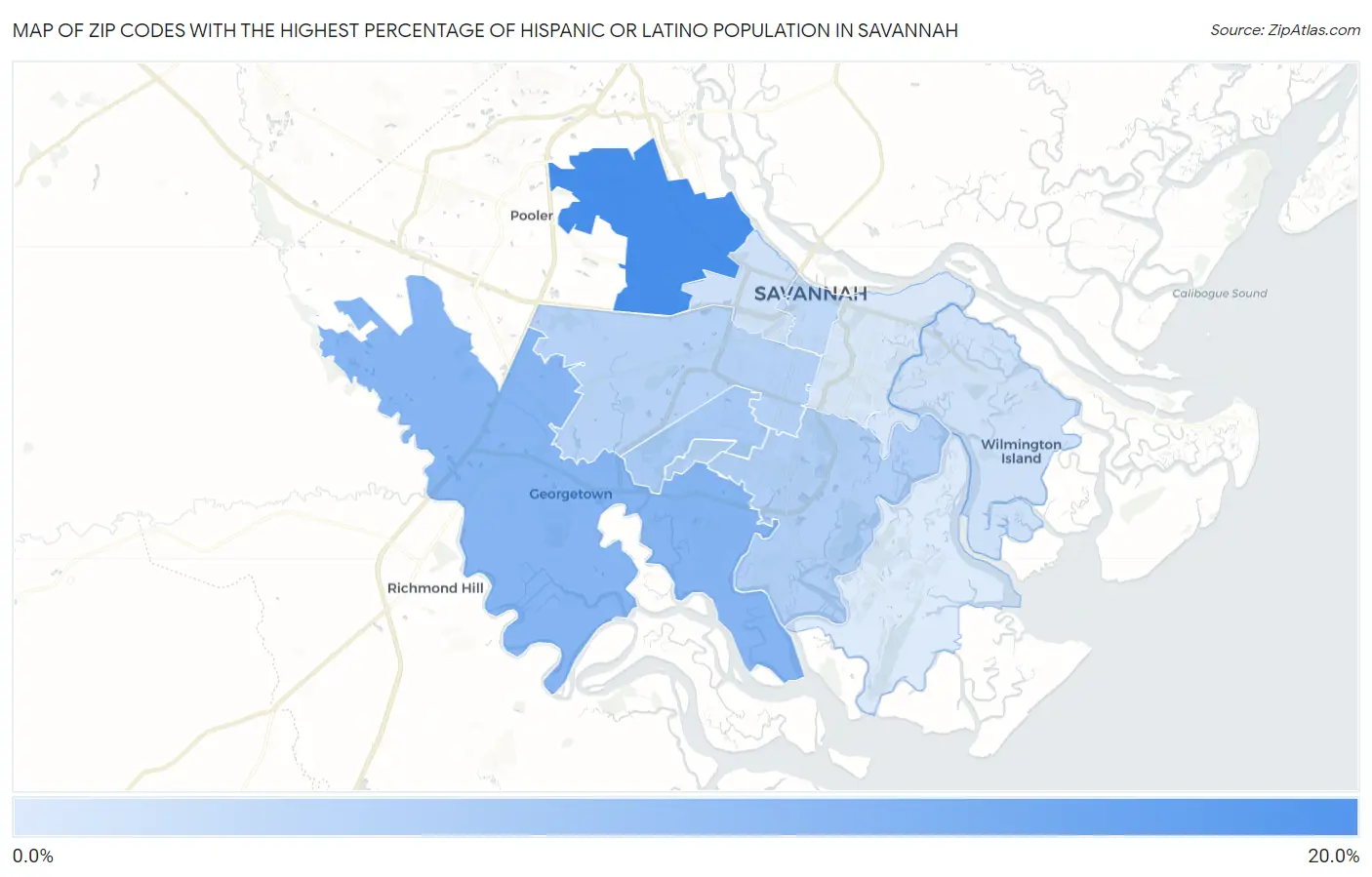Zip Codes with the Highest Percentage of Hispanic or Latino Population in Savannah Map