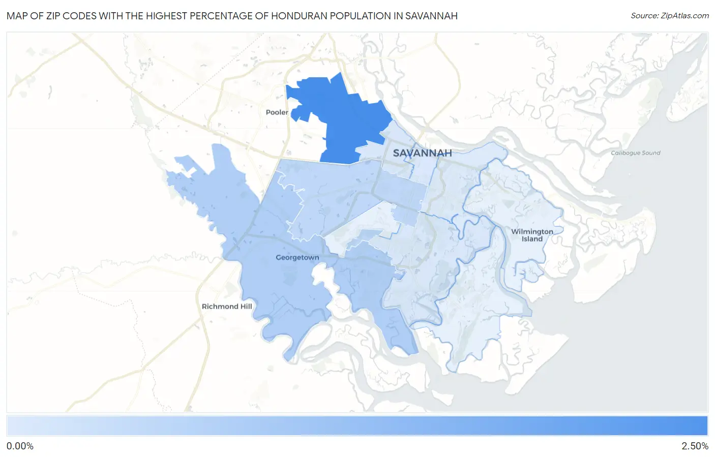 Zip Codes with the Highest Percentage of Honduran Population in Savannah Map