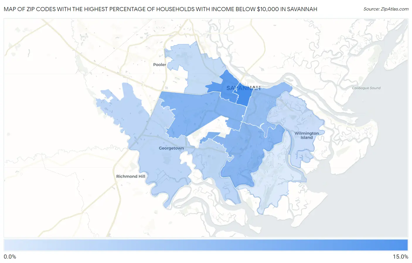 Zip Codes with the Highest Percentage of Households with Income Below $10,000 in Savannah Map