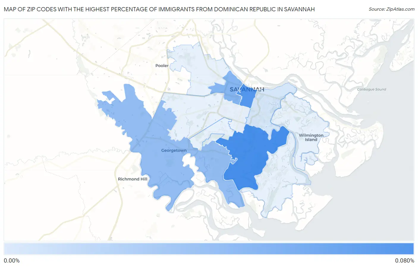 Zip Codes with the Highest Percentage of Immigrants from Dominican Republic in Savannah Map