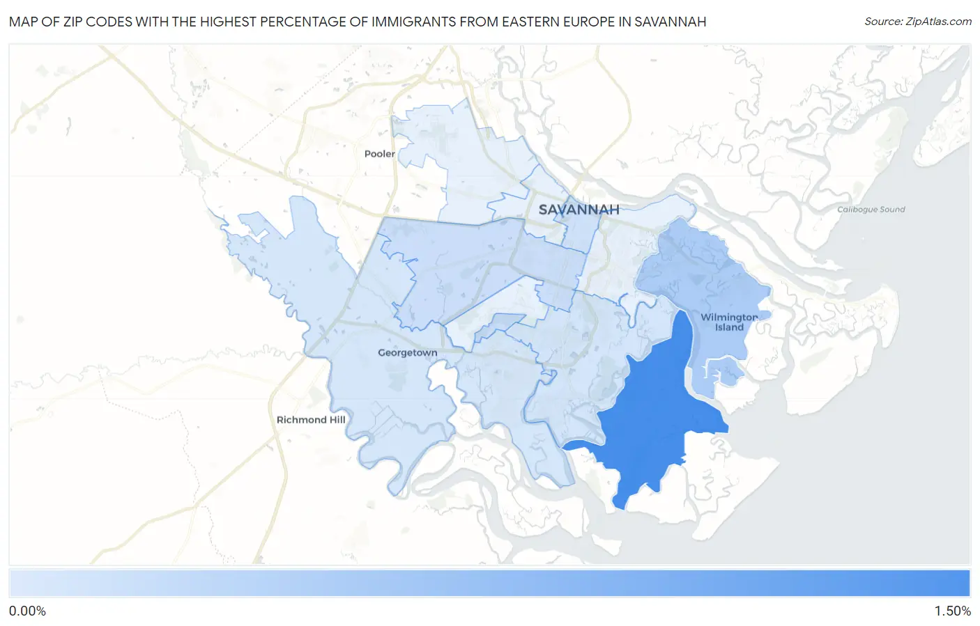 Zip Codes with the Highest Percentage of Immigrants from Eastern Europe in Savannah Map
