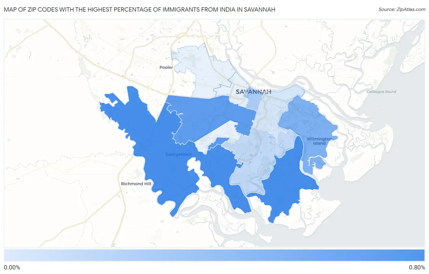 Zip Codes with the Highest Percentage of Immigrants from India in Savannah Map
