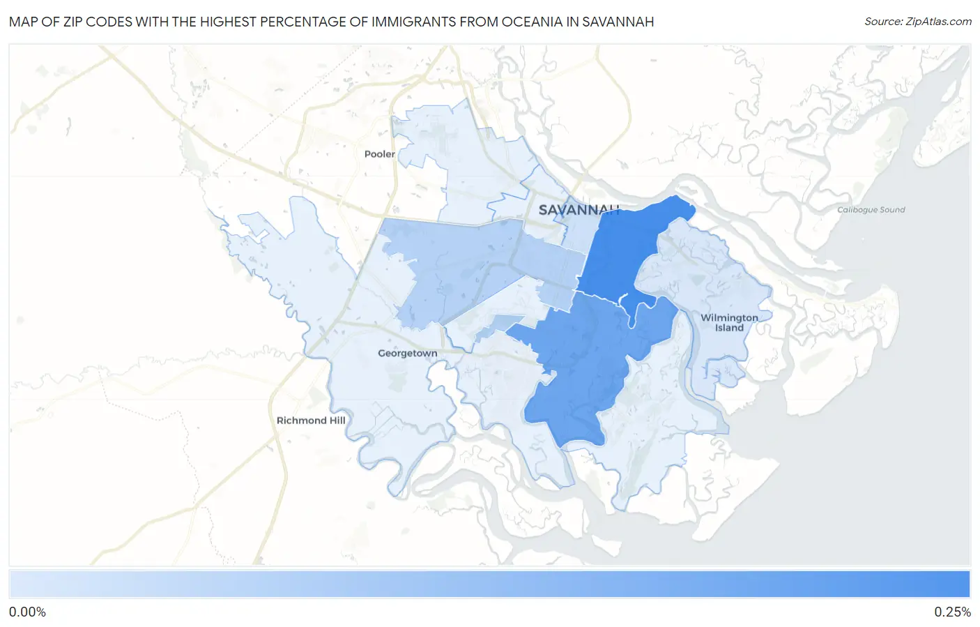 Zip Codes with the Highest Percentage of Immigrants from Oceania in Savannah Map