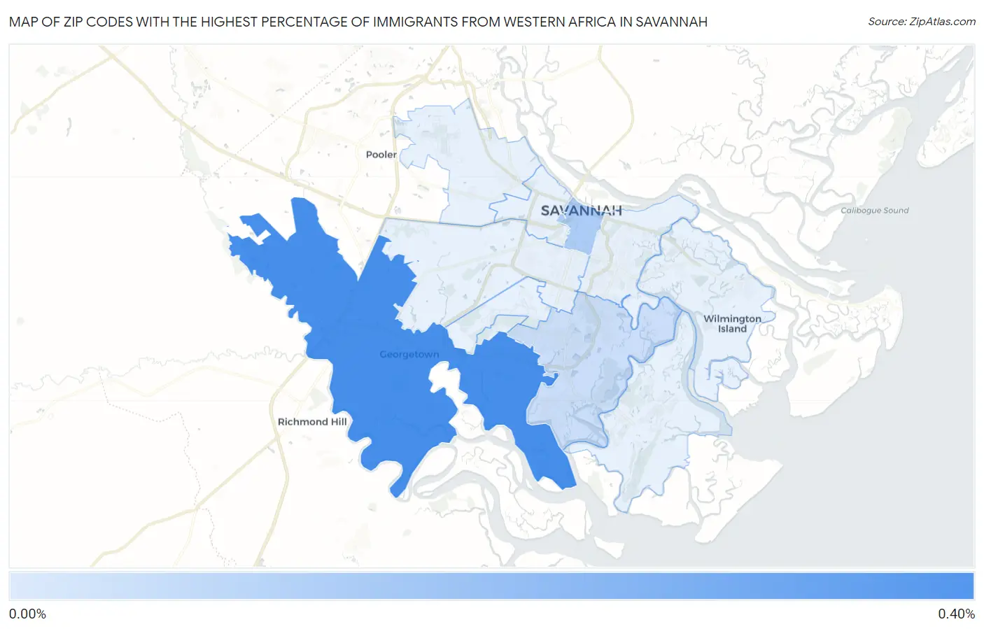 Zip Codes with the Highest Percentage of Immigrants from Western Africa in Savannah Map