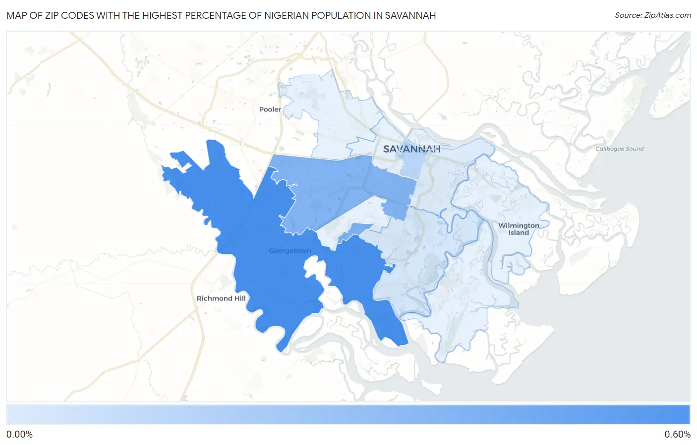 Zip Codes with the Highest Percentage of Nigerian Population in Savannah Map