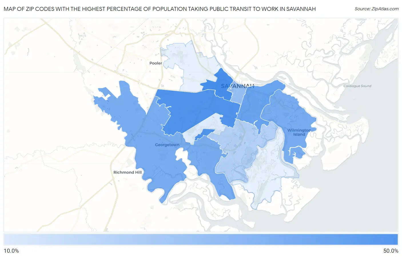 Zip Codes with the Highest Percentage of Population Taking Public Transit to Work in Savannah Map