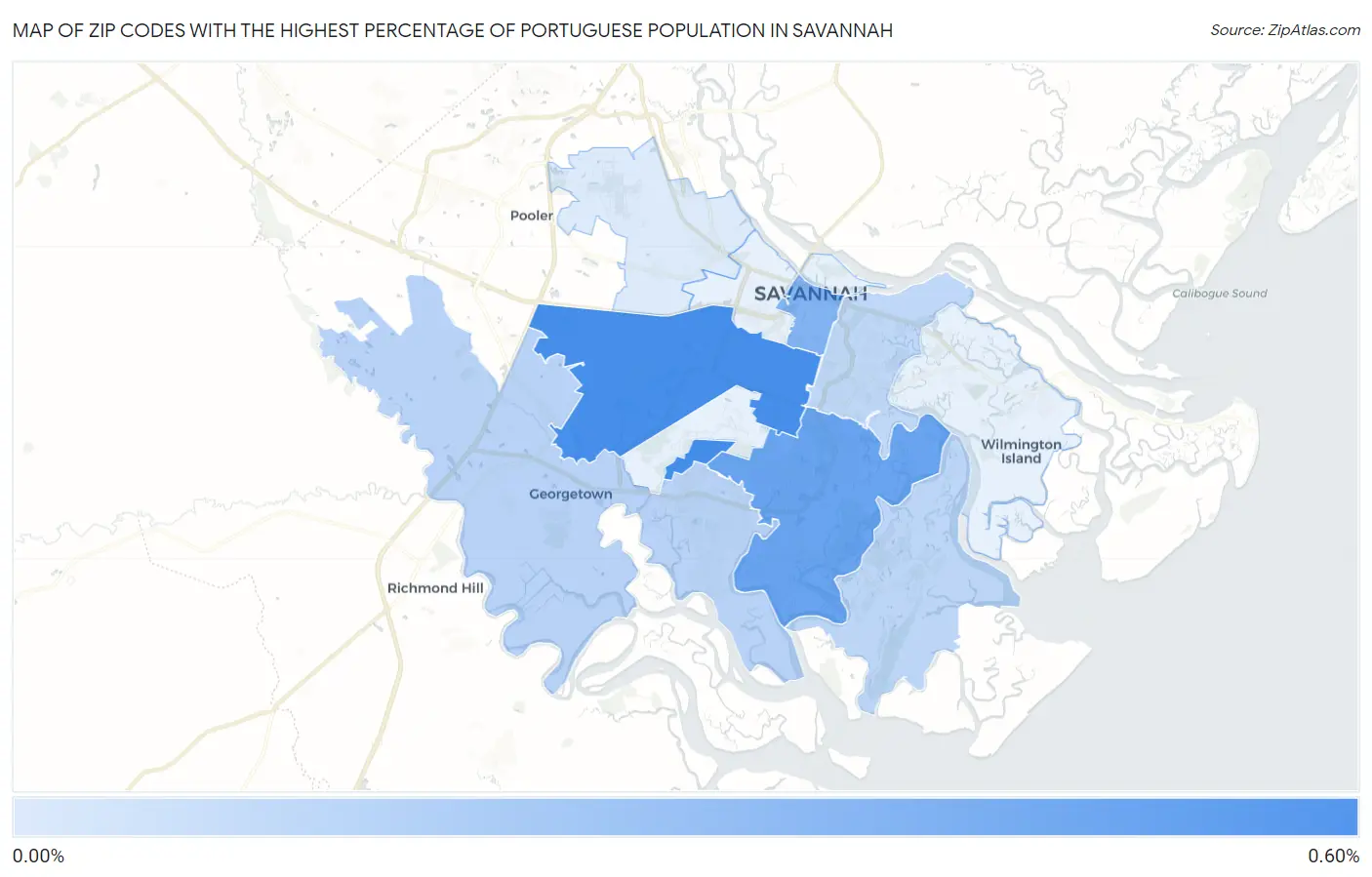 Zip Codes with the Highest Percentage of Portuguese Population in Savannah Map