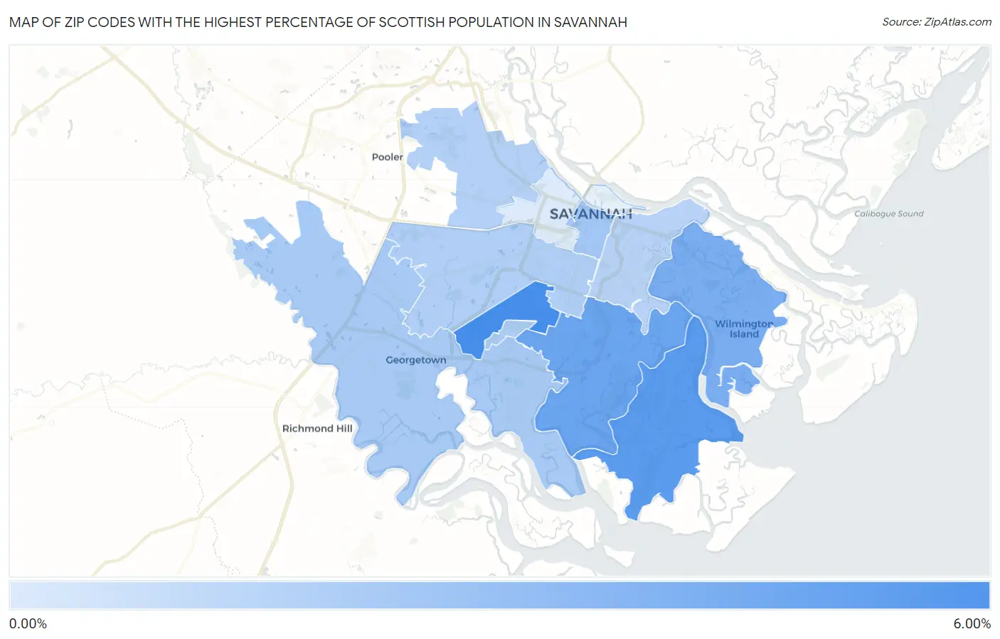 Zip Codes with the Highest Percentage of Scottish Population in Savannah Map