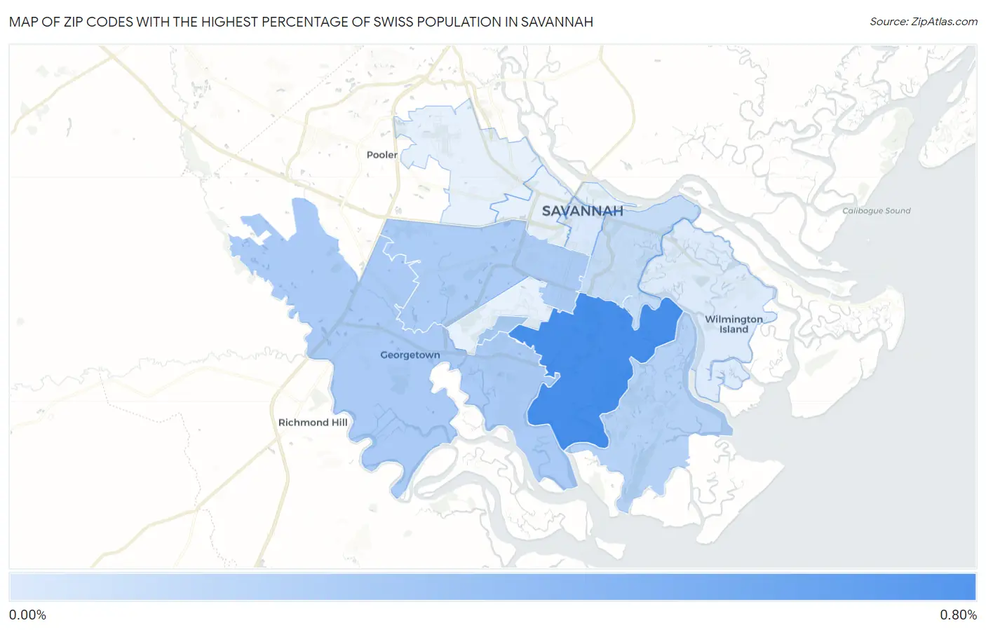 Zip Codes with the Highest Percentage of Swiss Population in Savannah Map