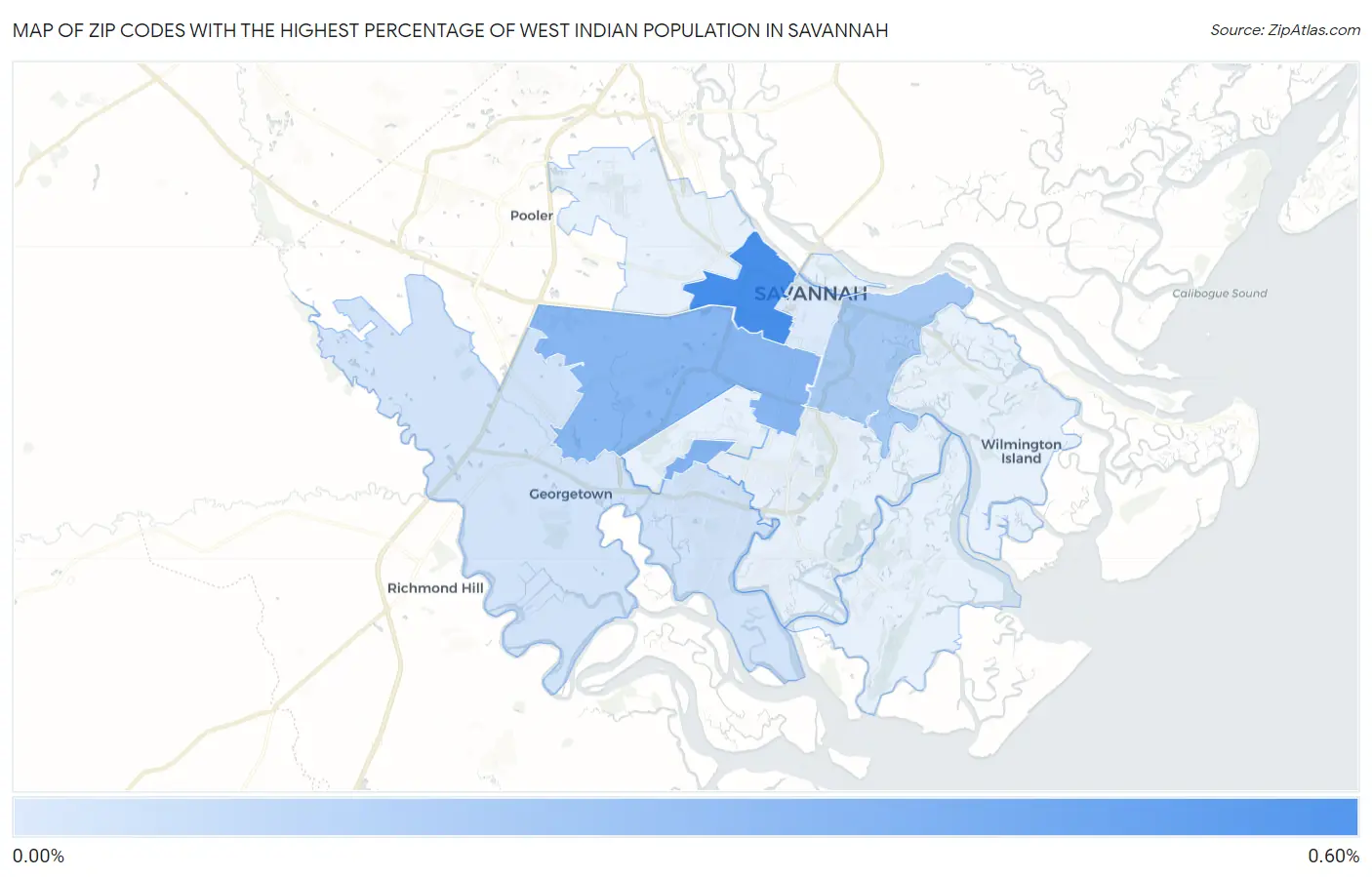 Zip Codes with the Highest Percentage of West Indian Population in Savannah Map