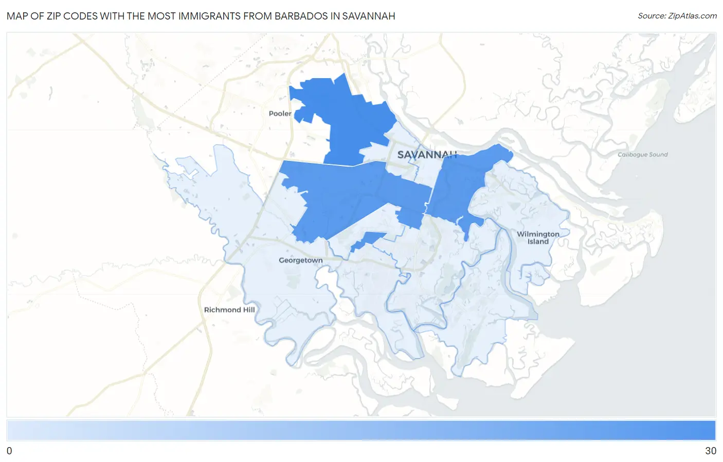 Zip Codes with the Most Immigrants from Barbados in Savannah Map