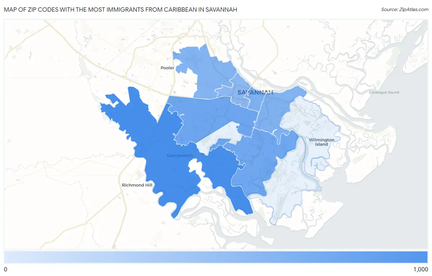 Zip Codes with the Most Immigrants from Caribbean in Savannah Map
