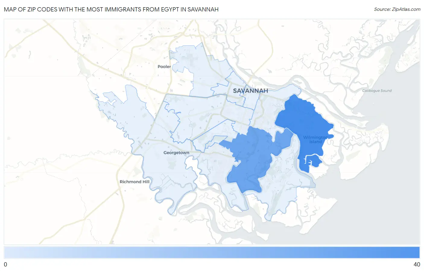 Zip Codes with the Most Immigrants from Egypt in Savannah Map