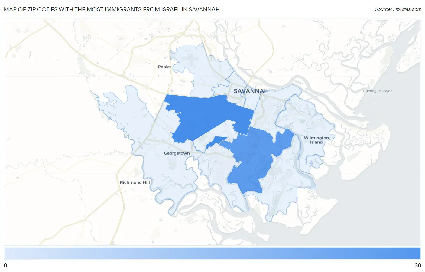 Zip Codes with the Most Immigrants from Israel in Savannah Map