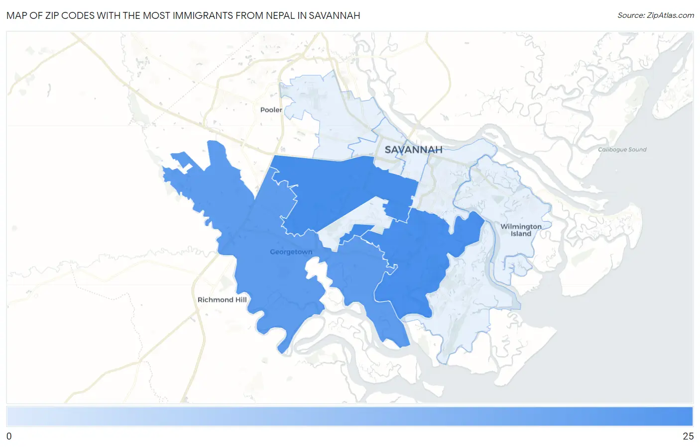 Zip Codes with the Most Immigrants from Nepal in Savannah Map