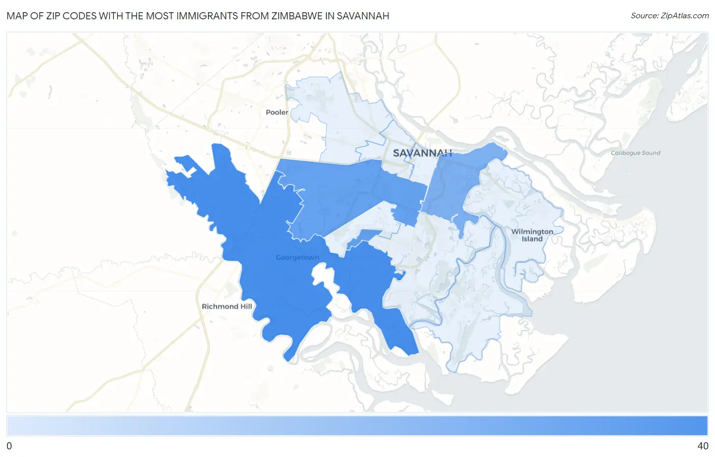 Zip Codes with the Most Immigrants from Zimbabwe in Savannah Map
