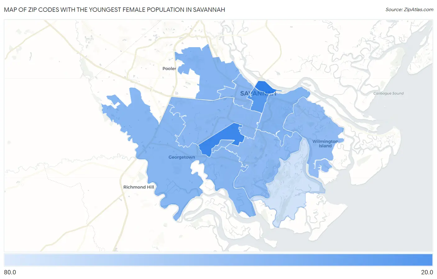 Zip Codes with the Youngest Female Population in Savannah Map