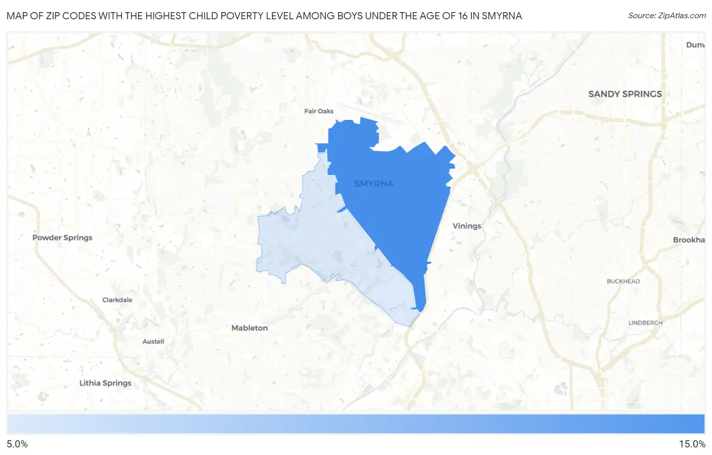 Zip Codes with the Highest Child Poverty Level Among Boys Under the Age of 16 in Smyrna Map