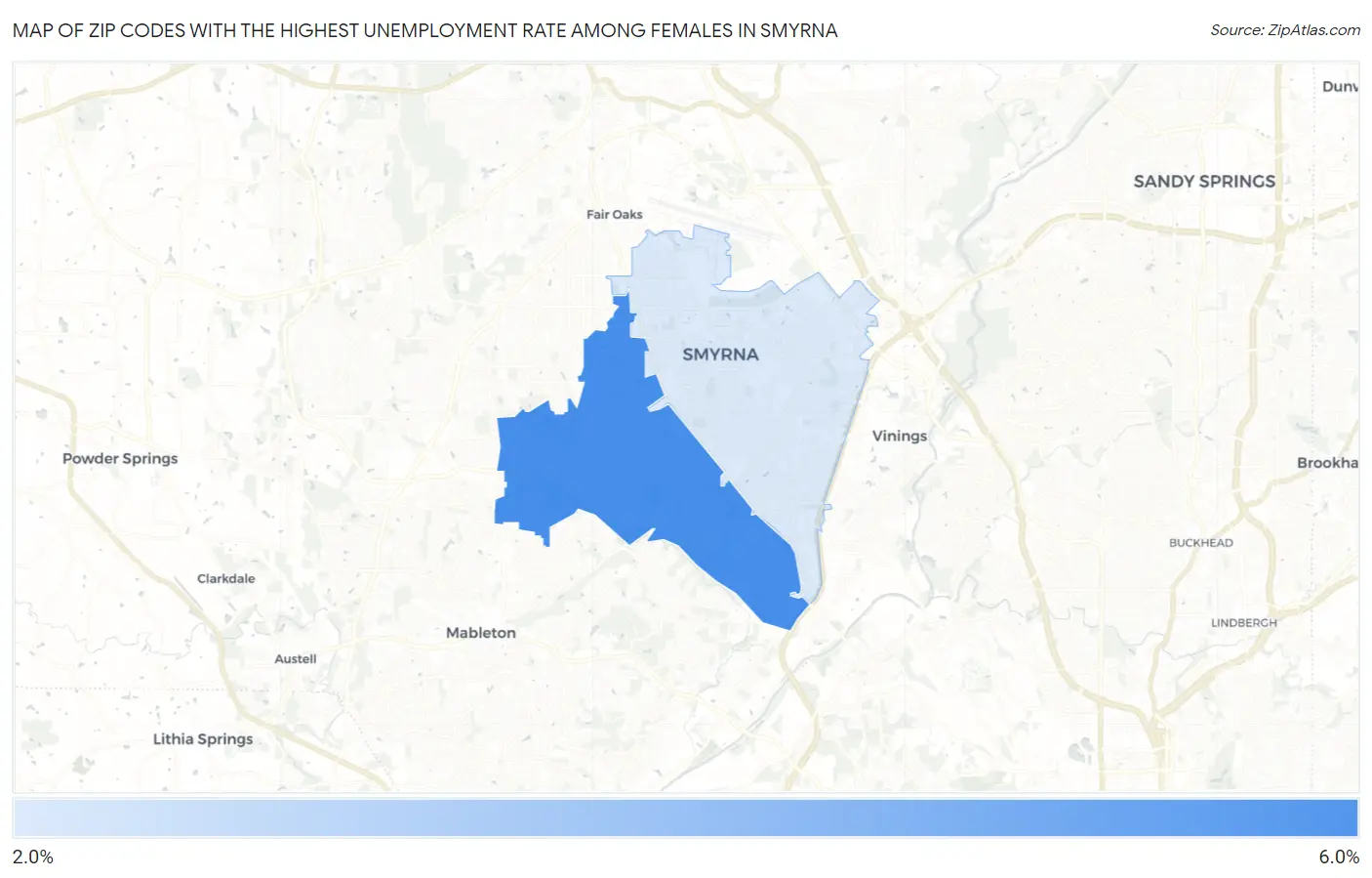 Zip Codes with the Highest Unemployment Rate Among Females in Smyrna Map