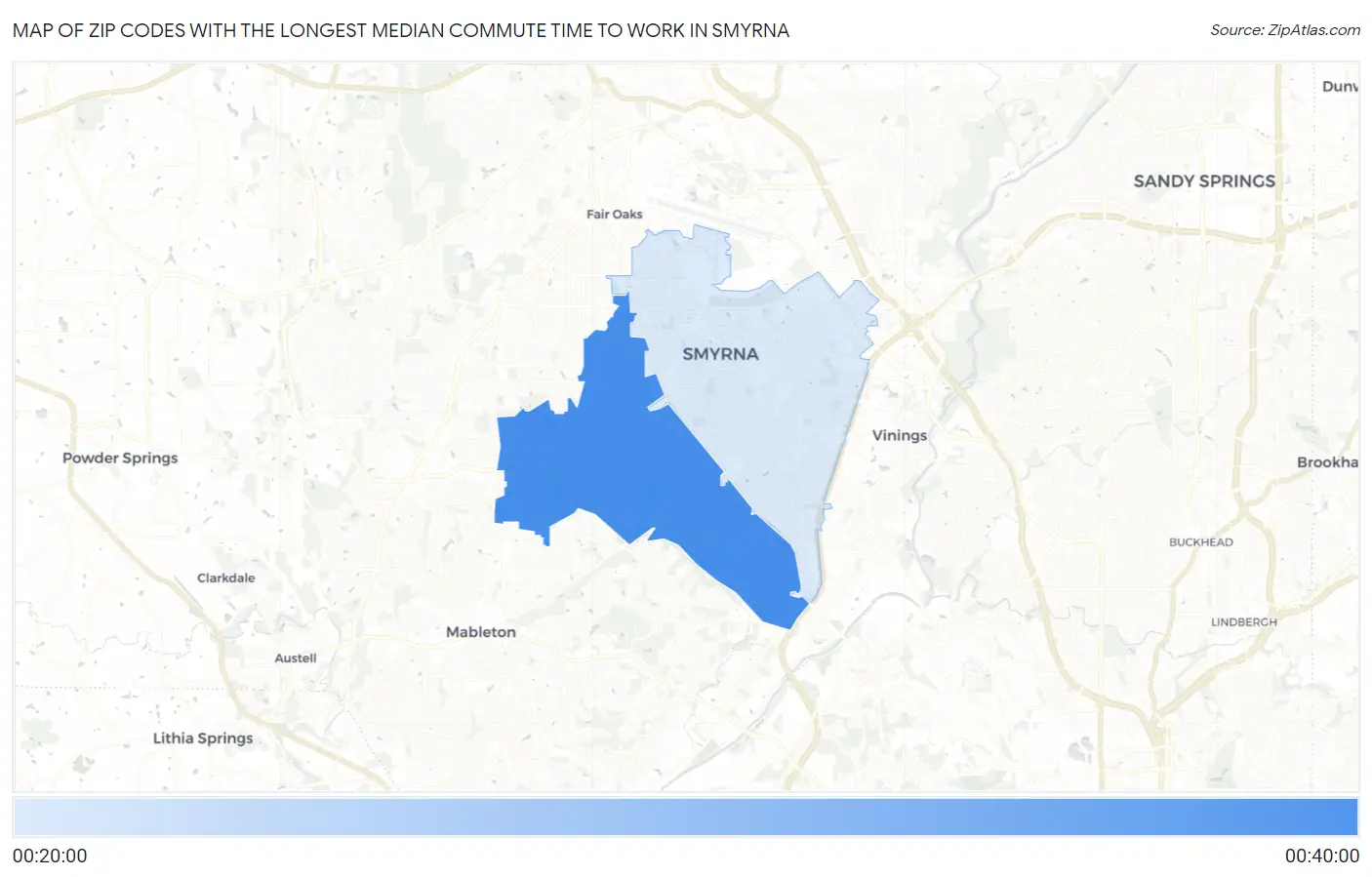 Zip Codes with the Longest Median Commute Time to Work in Smyrna Map