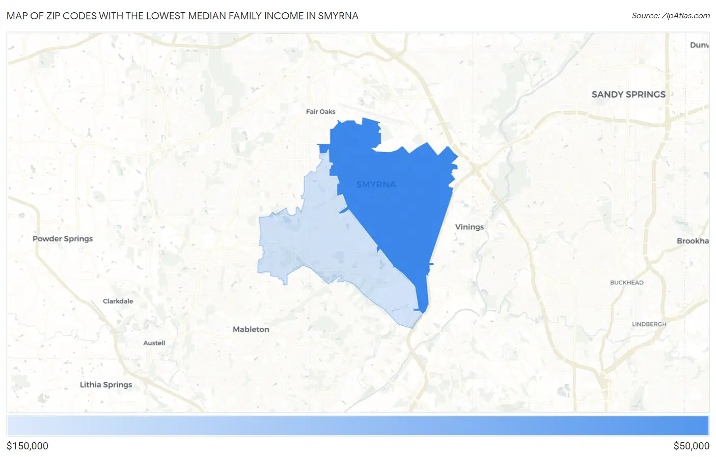 Zip Codes with the Lowest Median Family Income in Smyrna Map