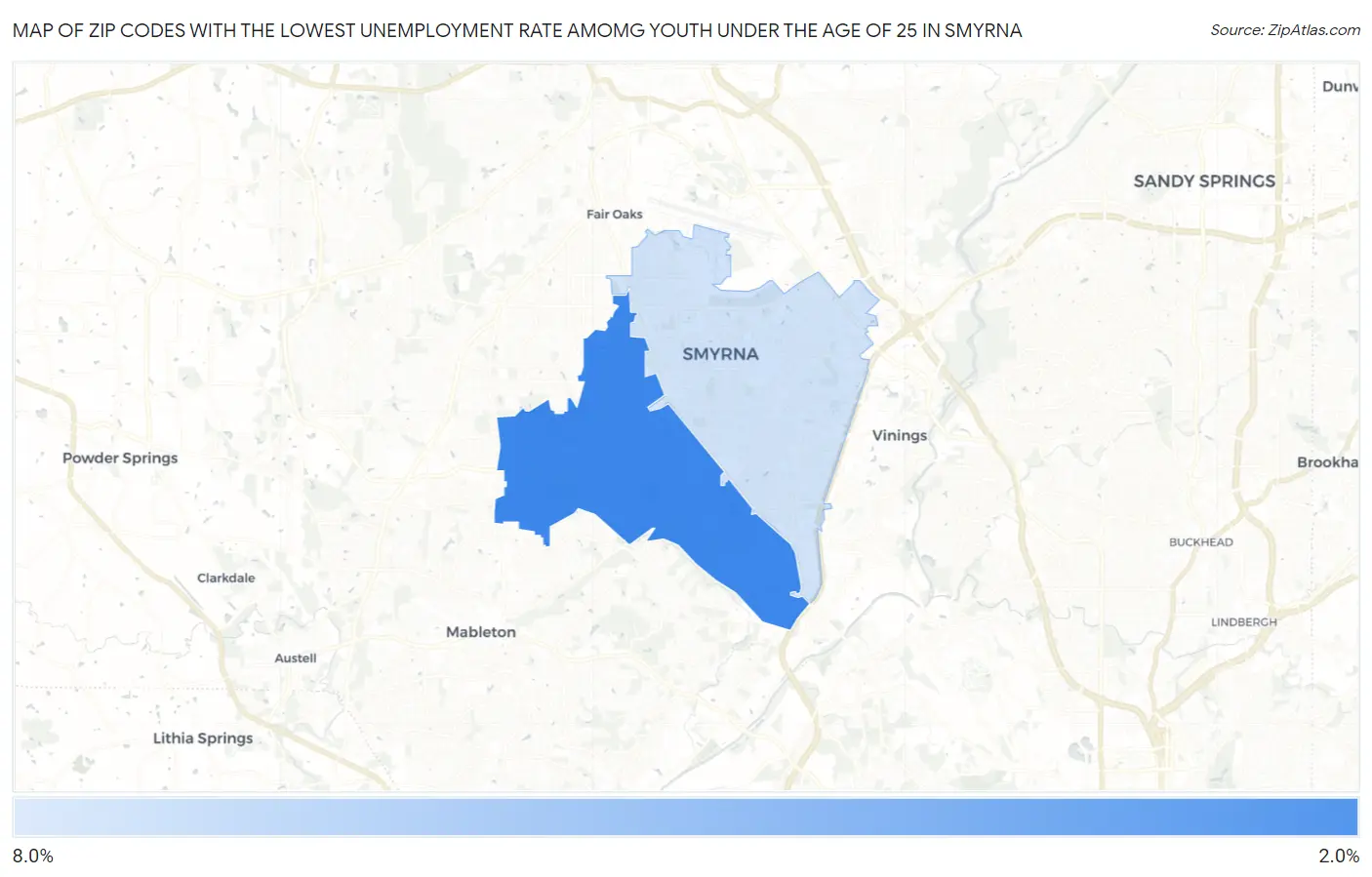 Zip Codes with the Lowest Unemployment Rate Amomg Youth Under the Age of 25 in Smyrna Map