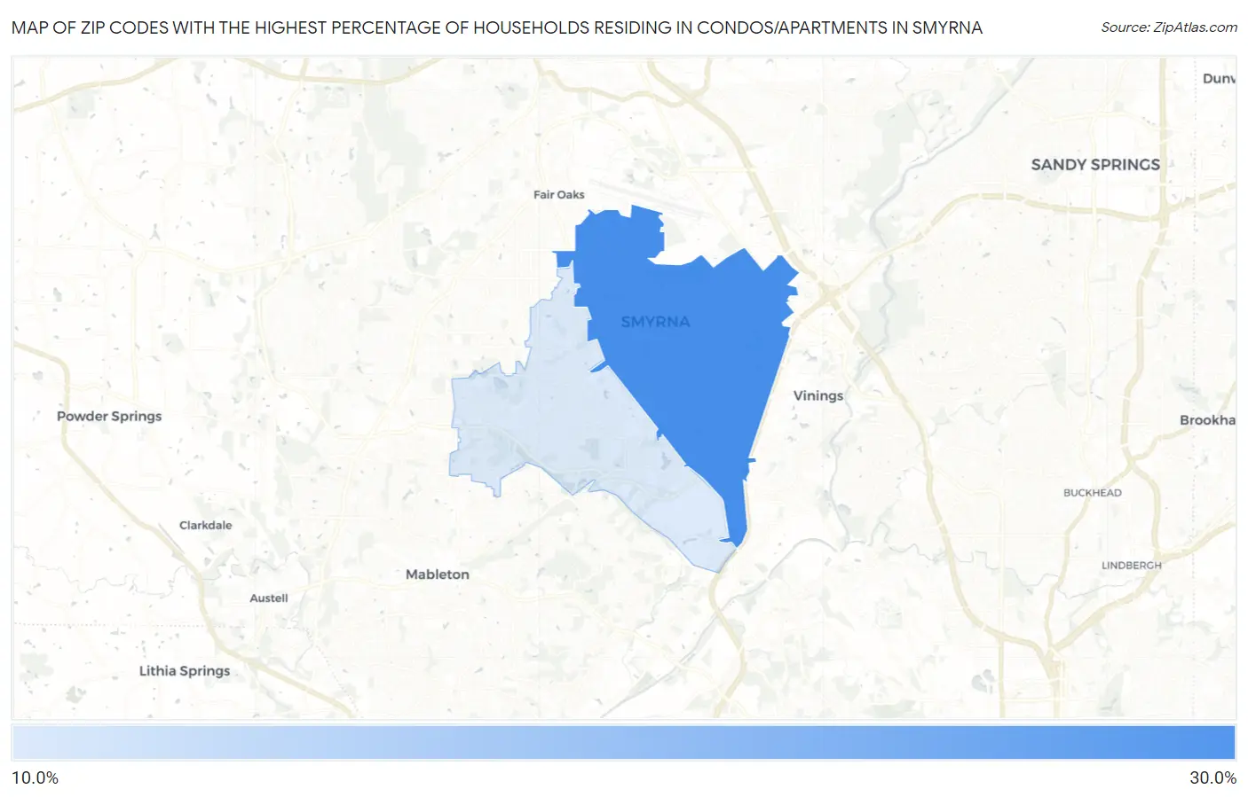 Zip Codes with the Highest Percentage of Households Residing in Condos/Apartments in Smyrna Map