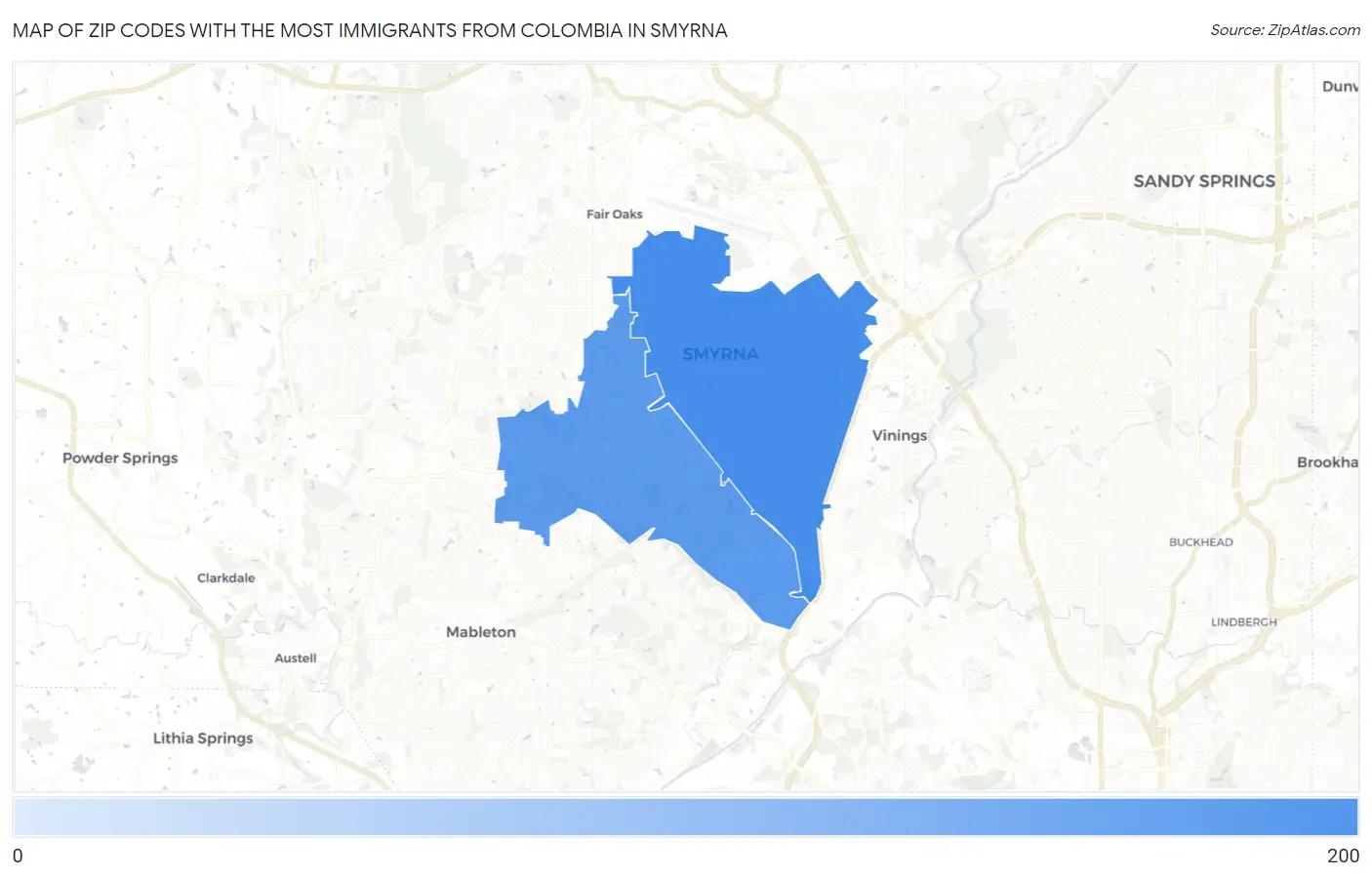 Zip Codes with the Most Immigrants from Colombia in Smyrna Map
