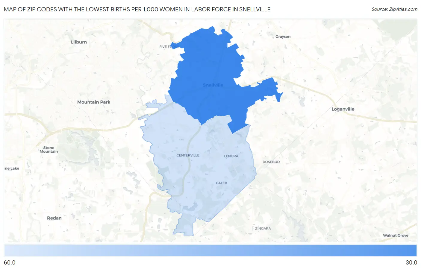 Zip Codes with the Lowest Births per 1,000 Women in Labor Force in Snellville Map