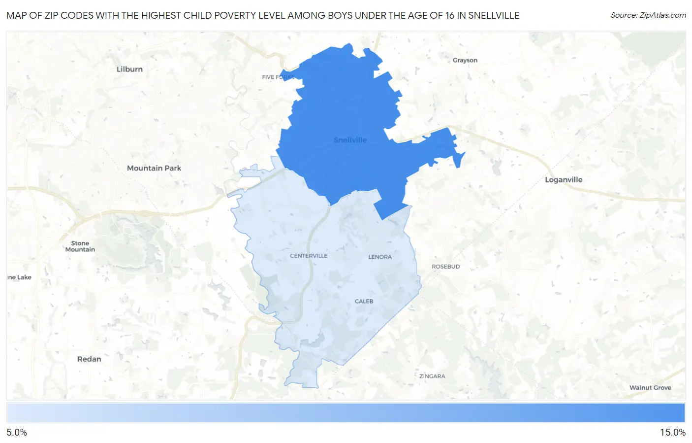 Zip Codes with the Highest Child Poverty Level Among Boys Under the Age of 16 in Snellville Map