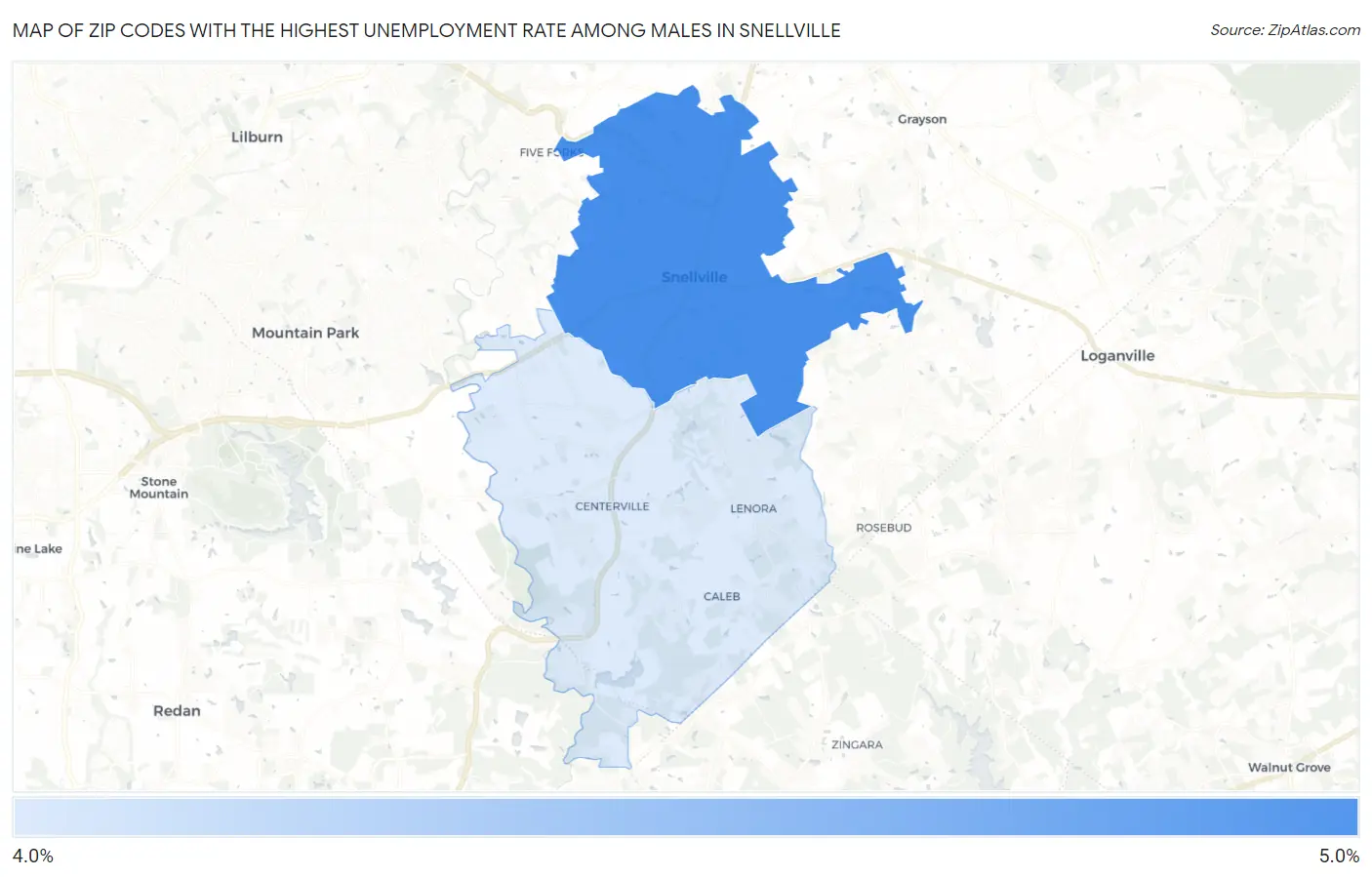 Zip Codes with the Highest Unemployment Rate Among Males in Snellville Map