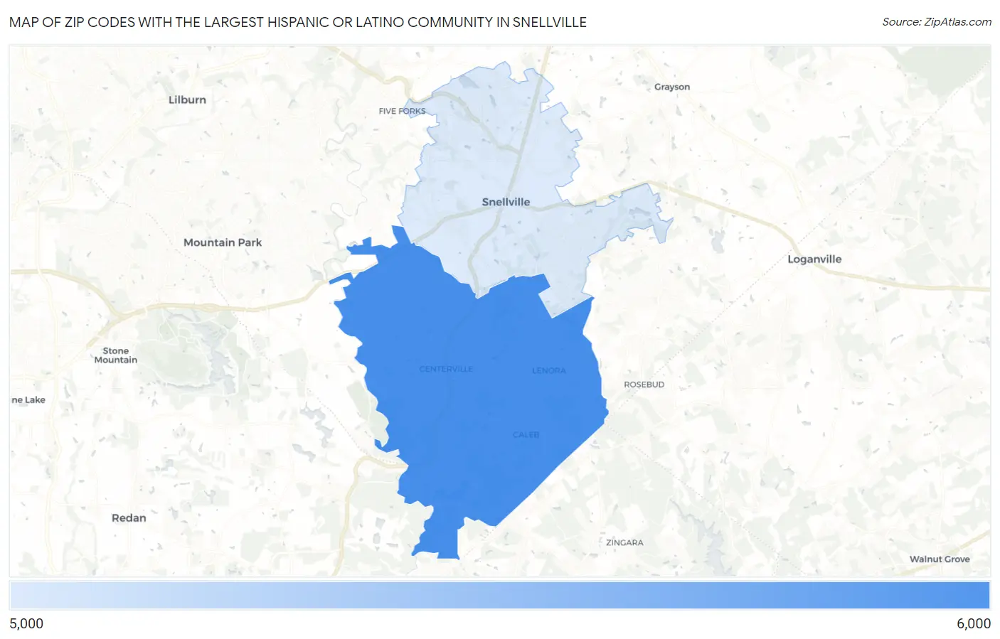 Zip Codes with the Largest Hispanic or Latino Community in Snellville Map