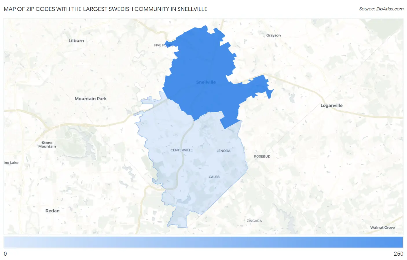Zip Codes with the Largest Swedish Community in Snellville Map