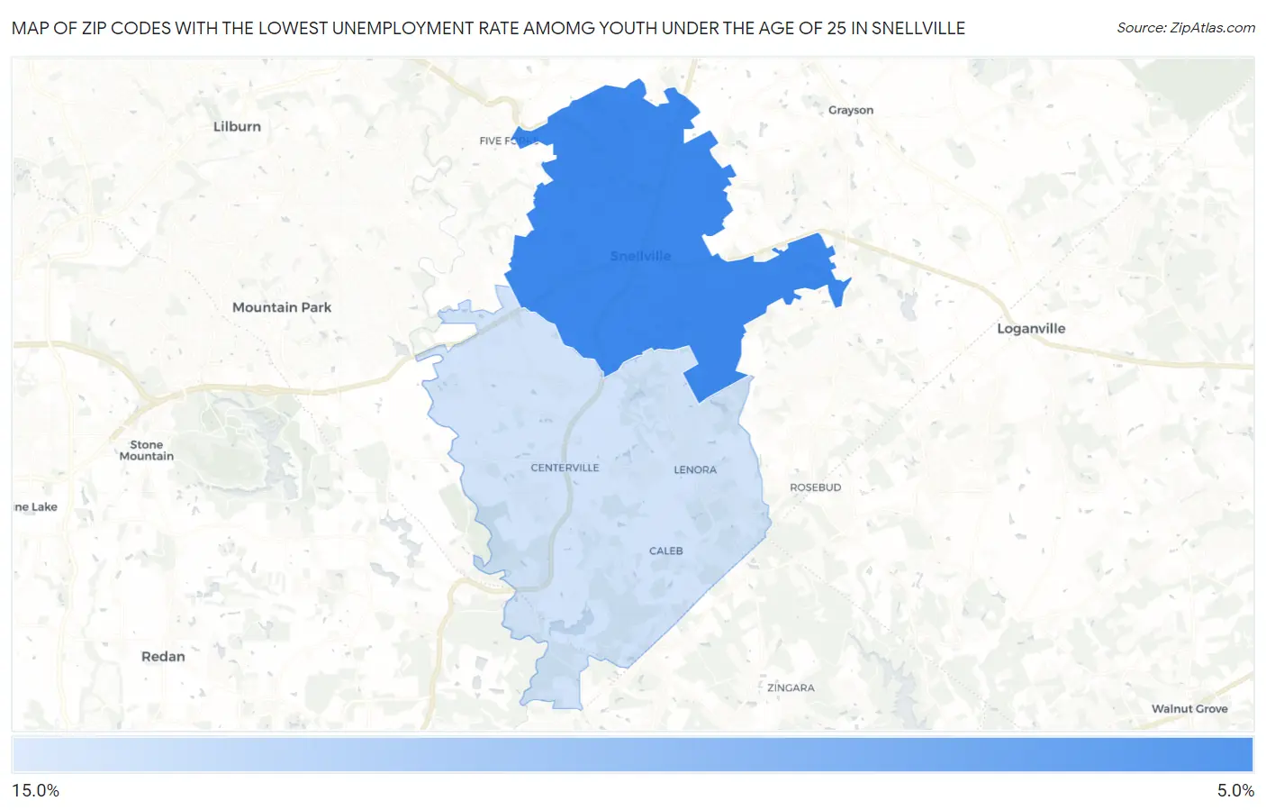 Zip Codes with the Lowest Unemployment Rate Amomg Youth Under the Age of 25 in Snellville Map